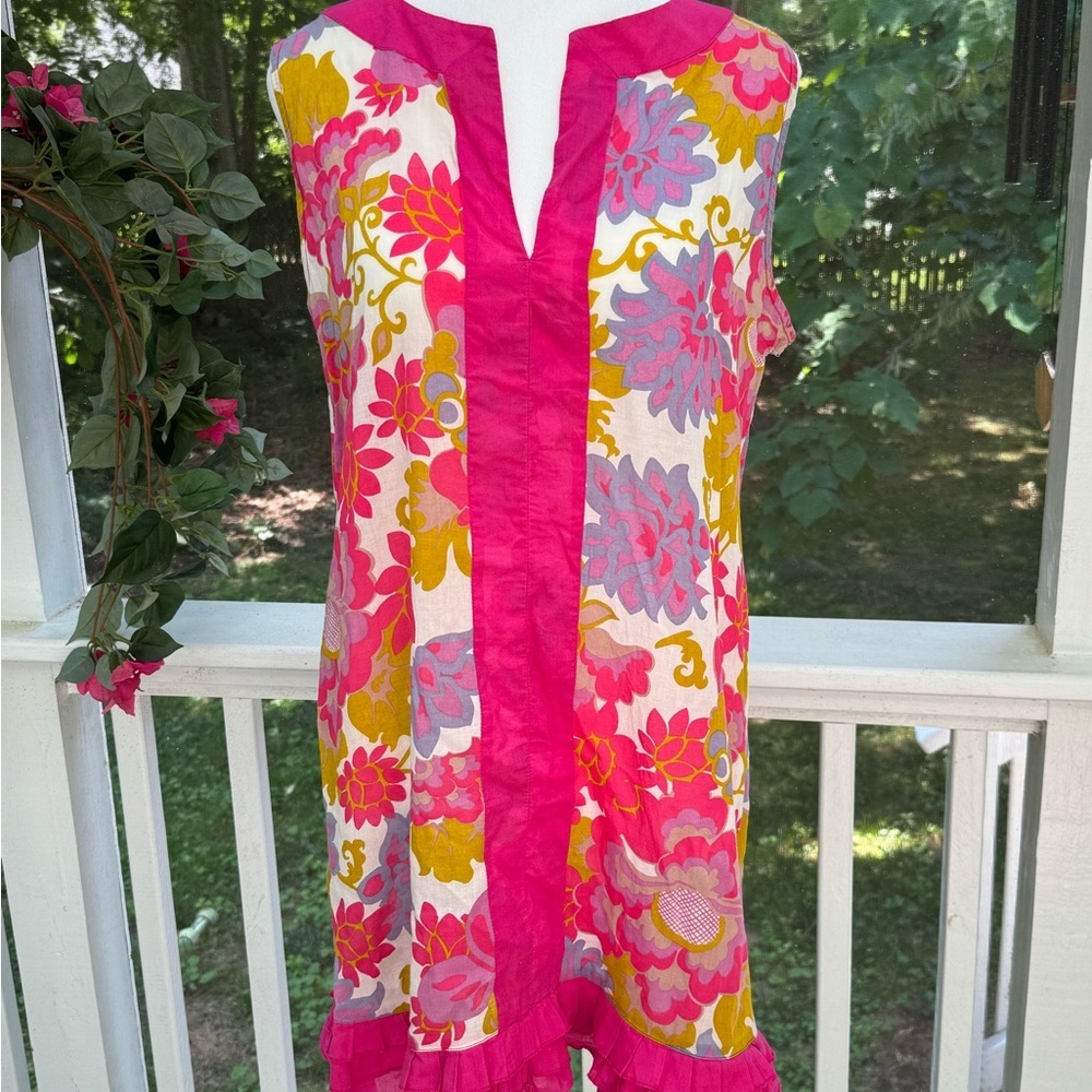 JCREW PREPPY FLORAL VINTAGE COTTON DRESS/TUNIC RUFFLES IN PINK-SIZE MED